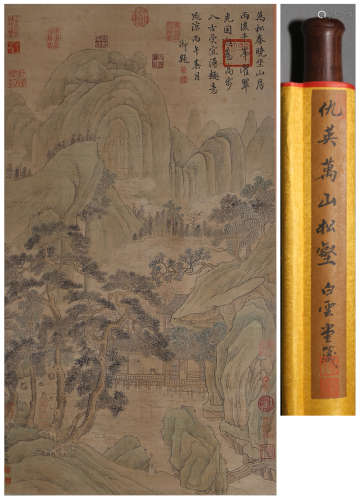 A CHINESE LANDSCAPE PAINTING,  INK AND COLOR ON SILK,  HANGI...