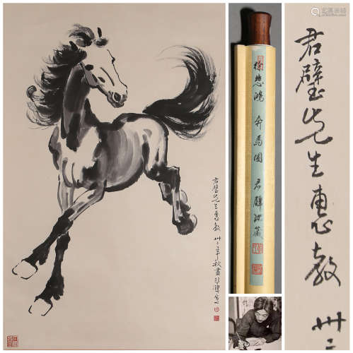 A CHINESE HORSE PAINTING,  INK ON PAPER,  HANGING SCROLL,  X...