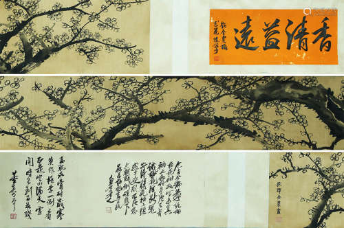 A CHINESE PLUM-BLOSSOM PAINTING,  INK ON SILK,  HANDSCROLL