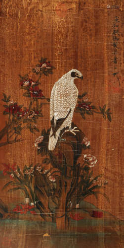 A CHINESE EAGLE PAINTING,  INK AND COLOR ON SILK,  HANGING S...