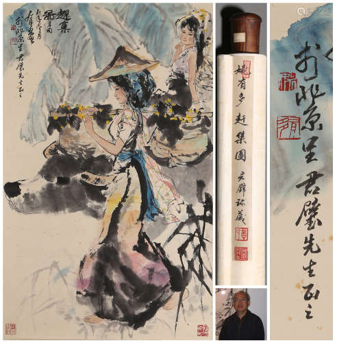 A CHINESE FIGURE PAINTING,  INK AND COLOR ON PAPER,  HANGING...