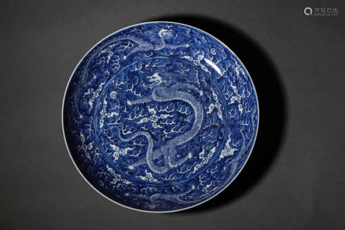 A Blue And White Dragon Dish