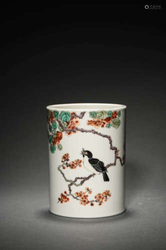 A Famille Rose Flower And Bird Brushpot