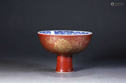 An Iron-Red Gilt-Decorated Wrapped Lotus Stem Bowl
