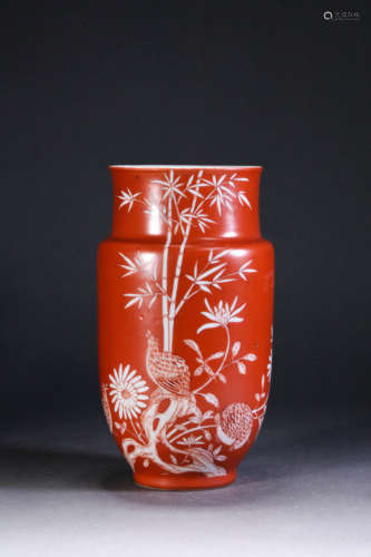A Coral-Red Reverse Decorated Flower And Bird Jar