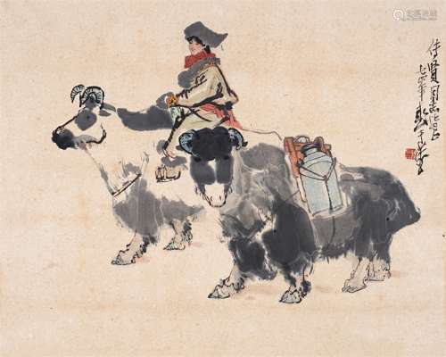 杜显清  高原牧牛 1974年作 设色纸本 镜心