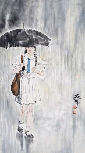 何家英  雨中少女  设色纸本 立轴