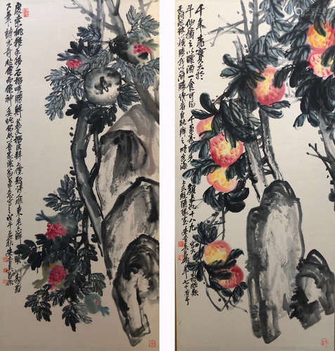 吴昌硕 荔枝寿桃对屏 纸本设色屏风