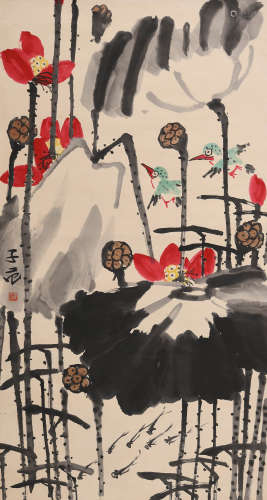 崔子范 (1915-2011) 荷花小鸟