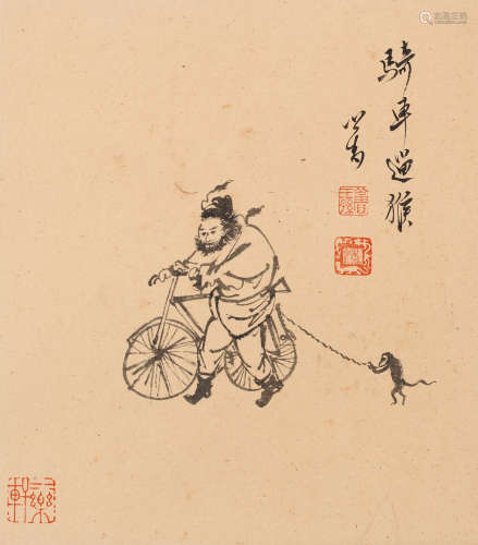 溥儒 (1896-1963) 骑车遛猴