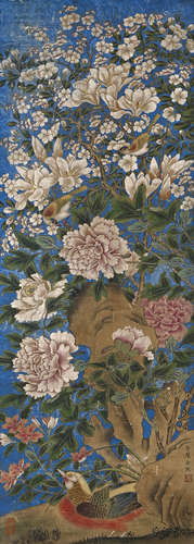A CHINESE FLOWER AND BIRD PAINTING SILK SCROLL,  XU XI MARK