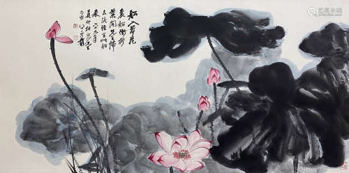 A CHINESE LOTUS PAINTING, INK AND COLOR ON PAPER, MOUNTED, Z...