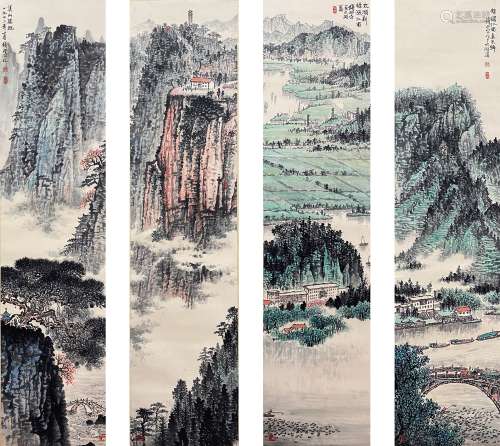 A SET OF FOUR CHINESE LANDSCAPE PAINTINGS, INK AND COLOR ON ...