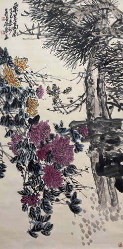A CHINESE PINE AND CHRYSANTHEMUM PAINTING, INK AND COLOR ON ...