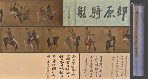 A CHINESE FIGURE AND HORSE PAINTING ON SILK, HANDSCROLL, REN...