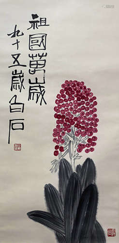 A CHINESE FLOWER PAINTING, INK AND COLOR ON PAPER, HANGING S...