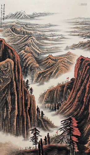 A CHINESE LANDSCAPE PAINTING, INK AND COLOR ON PAPER, HANGIN...