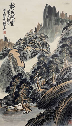 A CHINESE LANDSCAPE PAINTING, INK AND COLOR ON PAPER, HANGIN...