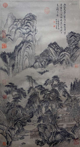 A CHINESE LANDSCAPE PAINTING, INK ON PAPER, HANGING SCROLL, ...