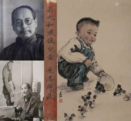 A CHINESE CHILD PAINTING, INK AND COLOR ON PAPER, HANGING SC...