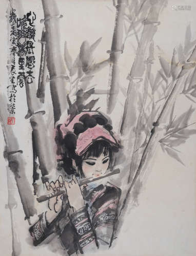 董辰生(b.1929) 吹笛少女 1986年作 设色纸本 镜心