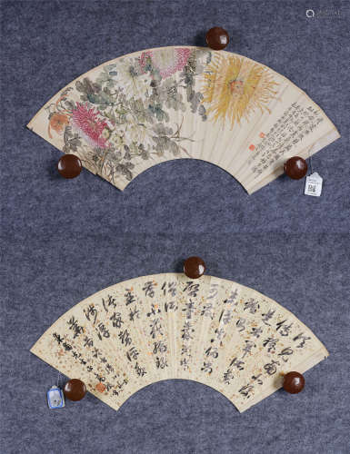 缪谷瑛(1875-1954)、高毅(近代) 菊花·行书 1933年作 设色纸本 扇面