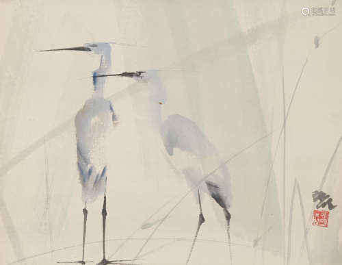 刘永明  (b.1943)  双鹤  设色纸本 镜心