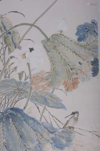 陈摩(1886-1945) 荷花栖禽  设色纸本 立轴