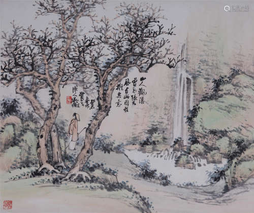 吴待秋(1878-1949) 高士观瀑图 1943年作 设色纸本 立轴