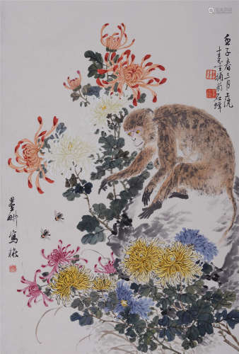 倪墨耕(1855-1919)、叶寿生(近代) 菊石蜂猴图  设色纸本 立轴