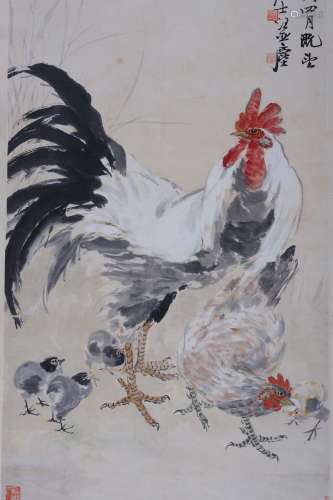 汪亚尘(1894-1983) 雄鸡一鸣秋晓  设色纸本 立轴