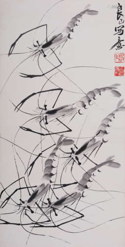 齐良已(1923-1988) 虾趣图  水墨纸本 立轴
