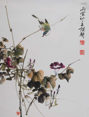 杨课耕(1937-1992) 牵牛花小鸟 1986年作 设色纸本 镜心