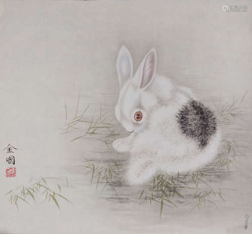 唐金国(b.1963) 兔趣  设色纸本 镜心