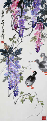 LOU SHIBAI, ATTRIBUTED TO, PURPLE WISTERIA AND SMALL DUCK