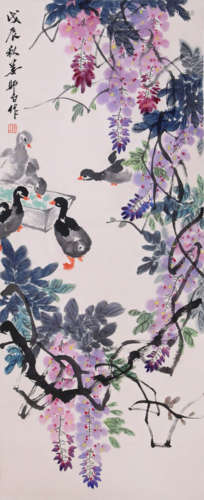 LOU SHIBAI, ATTRIBUTED TO, PURPLE WISTERIA AND SMALL DUCK