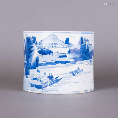 A BLUE AND WHITE 'LANDSCAPE' BRUSH POT