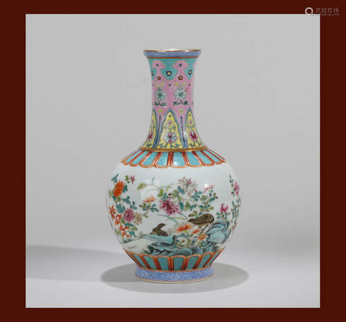 A FAMILLE ROSE LIVING HAPPY LIFE VASE