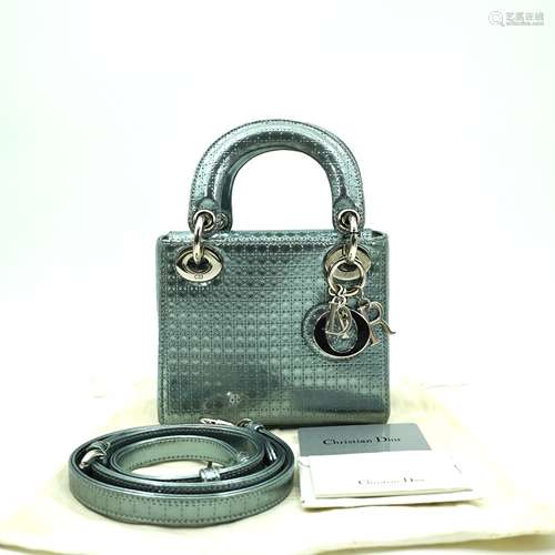 A CHRISTIAN DIOR METALLIC PATENT MICRO-CANNAGE MINI LADY DIO...