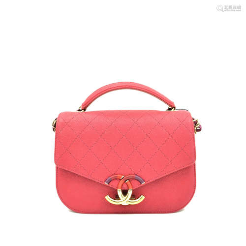 A CHANEL RED PINK QUILTED CAVIAR LEATHER SMALL CUBA CC FLAP ...