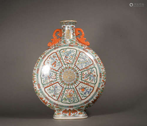 A DOUCAI GLAZED EIGHT TREASURE LONGEVITY MOON FLASK