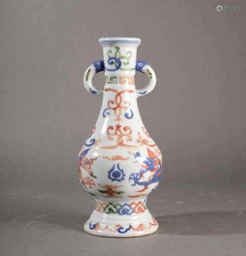 A BLUE AND WHITE WUCAI GLAZED TWO DRAGON WITH PEARL DOUBLE-E...