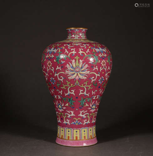 A CARMINE GROUND YANGCAI GLAZED FLOWER PLUM BLOSSOM VASE