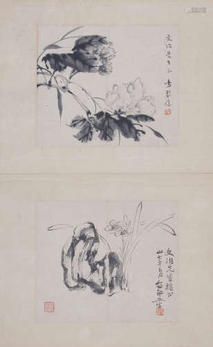 俞剑华(1895-1979)、袁琴孙(1902-1971) 花卉二帧  水墨纸本 镜心