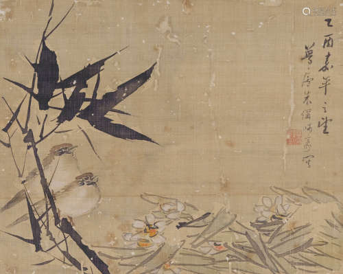 朱梦庐(1826-1900) 竹枝双雀 1885年作 设色绢本 镜心