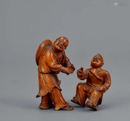 19世紀 黃楊木雕童子人物 二件