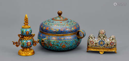 銅胎琺瑯茶壺、葫蘆瓶 連筆山 共三件