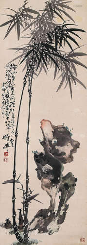竹    禪 竹石圖 (北京文物公司) 設色紙本-掛軸