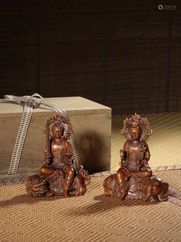 A PAIR OF BOXWOOD FIGURE OF MANJUSRI AND SAMANTABHADRA，QING ...