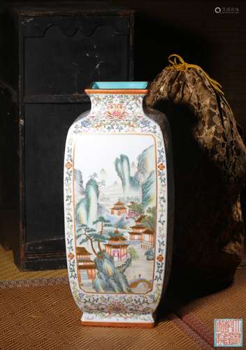 A YANGCAI ‘LANDSCAPE’VASE,MARK AND PERIOD OF QIANLONG